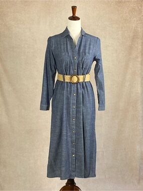 J. Jill Chambray Button-Front Long Sleeve Shirt Dress with Woven Belt